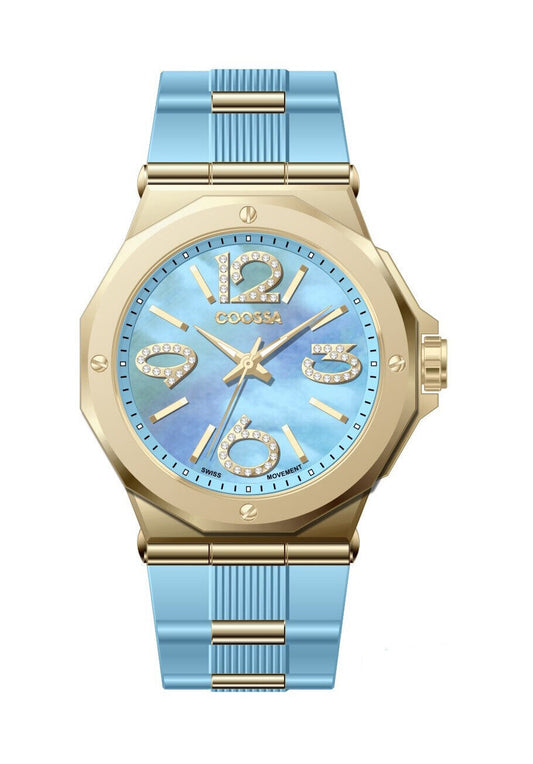 COOSSA ORIGINAL First Edition 20248 Women's Watch Swiss Ronda Movement Mother of Pearl Dial 36.5MM Stainless Steel Case 100M Water Resistant Blue/Gold Tone