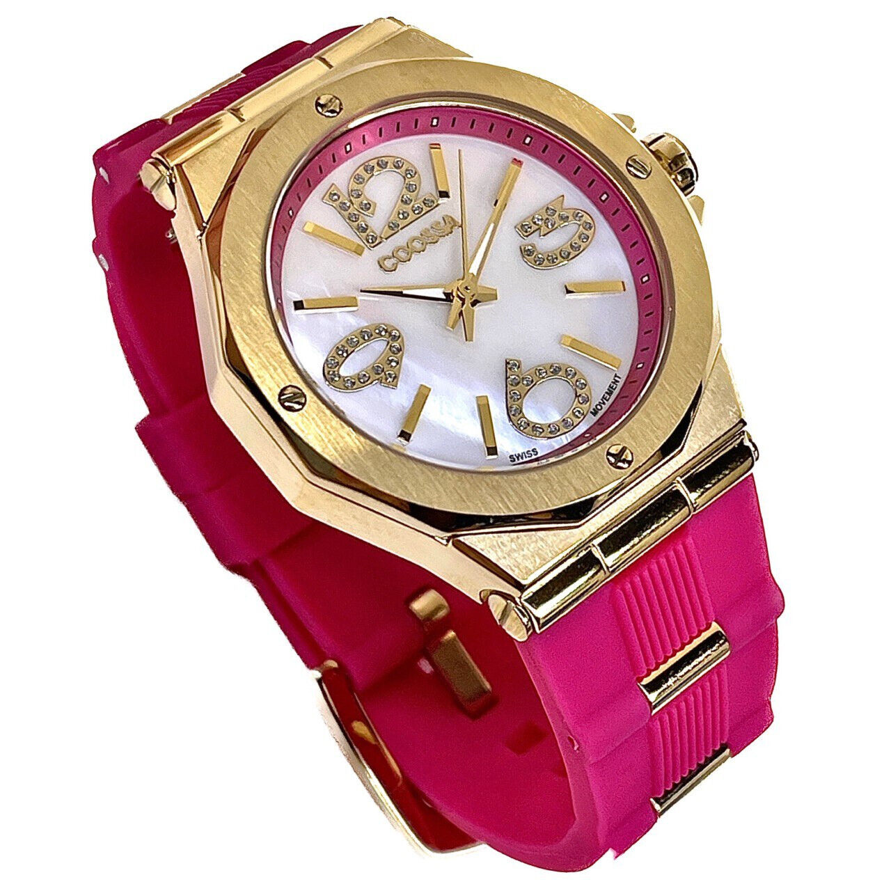 COOSSA ORIGINAL First Edition 20251 Women's Watch Swiss Ronda Movement Mother of Pearl Dial 36.5MM Stainless Steel Case 100M Water Resistant Magenta/Gold Tone