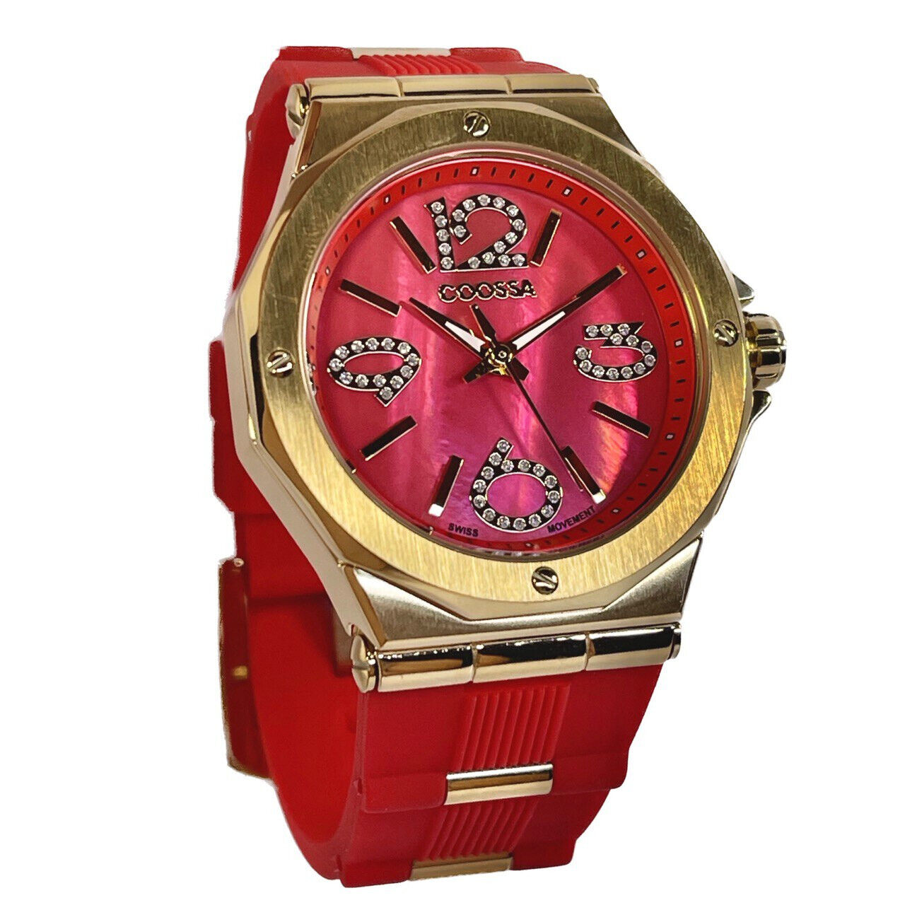 COOSSA ORIGINAL First Edition 20252 Women's Watch Swiss Ronda Movement Mother of Pearl Dial 36.5MM Stainless Steel Case 100M Water Resistant Red/Gold Tone