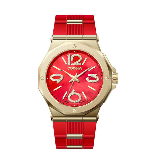 COOSSA ORIGINAL First Edition 20252 Women's Watch Swiss Ronda Movement Mother of Pearl Dial 36.5MM Stainless Steel Case 100M Water Resistant Red/Gold Tone