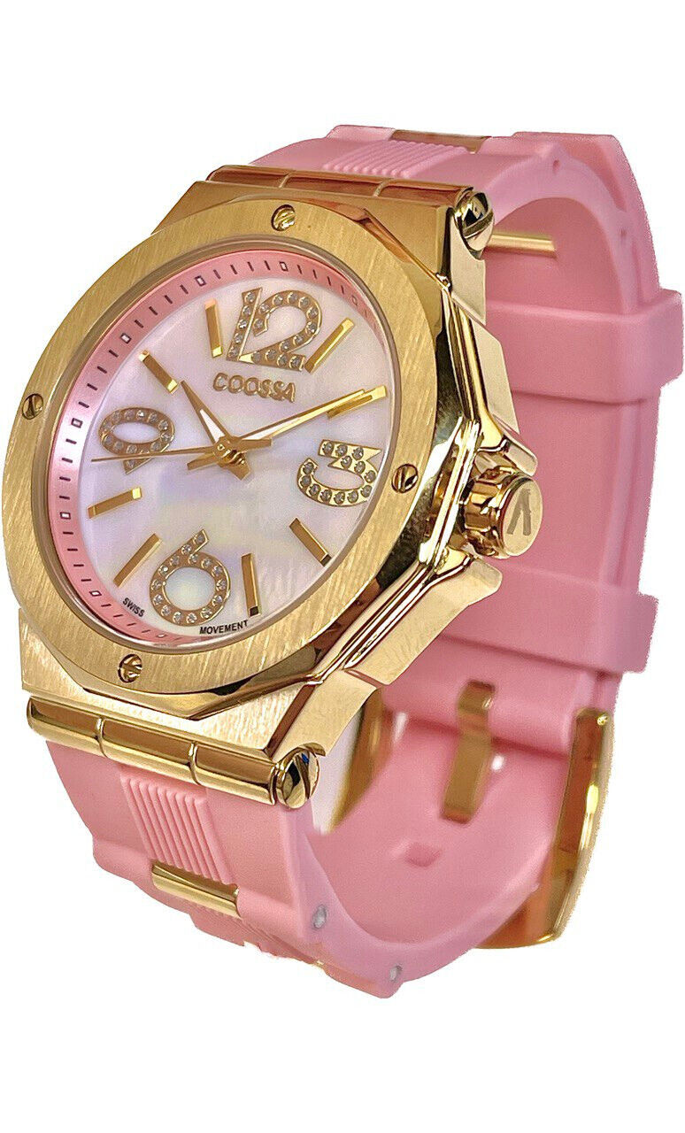 COOSSA ORIGINAL First Edition 20250 Women's Watch Swiss Ronda Movement Mother of Pearl Dial 36.5MM Stainless Steel Case 100M Water Resistant Pink/Gold Tone