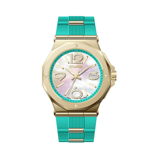 COOSSA ORIGINAL First Edition 20249 Women's Watch Swiss Ronda Movement Mother of Pearl Dial 36.5MM Stainless Steel Case 100M Water Resistant Green/Gold Tone