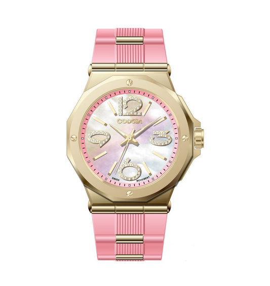 COOSSA ORIGINAL First Edition 20250 Women's Watch Swiss Ronda Movement Mother of Pearl Dial 36.5MM Stainless Steel Case 100M Water Resistant Pink/Gold Tone