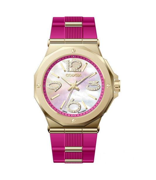 COOSSA ORIGINAL First Edition 20251 Women's Watch Swiss Ronda Movement Mother of Pearl Dial 36.5MM Stainless Steel Case 100M Water Resistant Magenta/Gold Tone