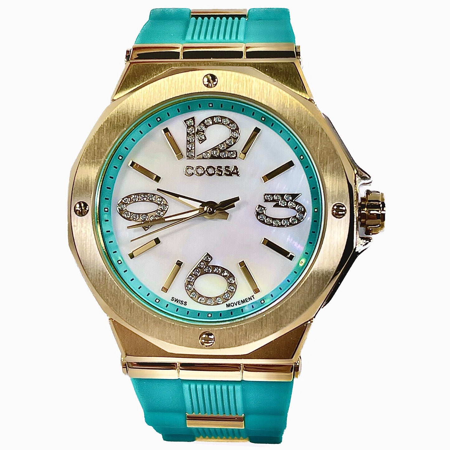 COOSSA ORIGINAL First Edition 20249 Women's Watch Swiss Ronda Movement Mother of Pearl Dial 36.5MM Stainless Steel Case 100M Water Resistant Green/Gold Tone