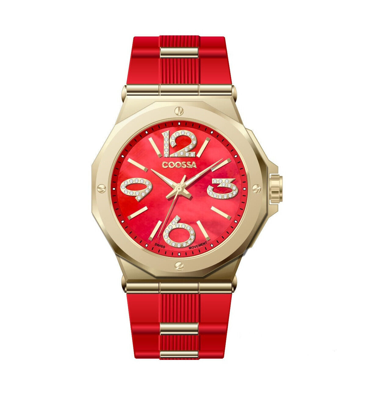 COOSSA ORIGINAL First Edition 20252 Women's Watch Swiss Ronda Movement Mother of Pearl Dial 36.5MM Stainless Steel Case 100M Water Resistant Red/Gold Tone