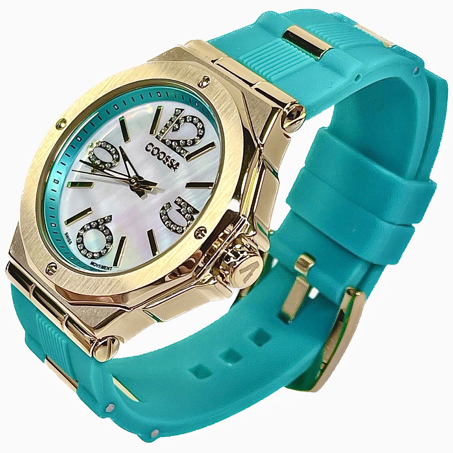 COOSSA ORIGINAL First Edition 20249 Women's Watch Swiss Ronda Movement Mother of Pearl Dial 36.5MM Stainless Steel Case 100M Water Resistant Green/Gold Tone