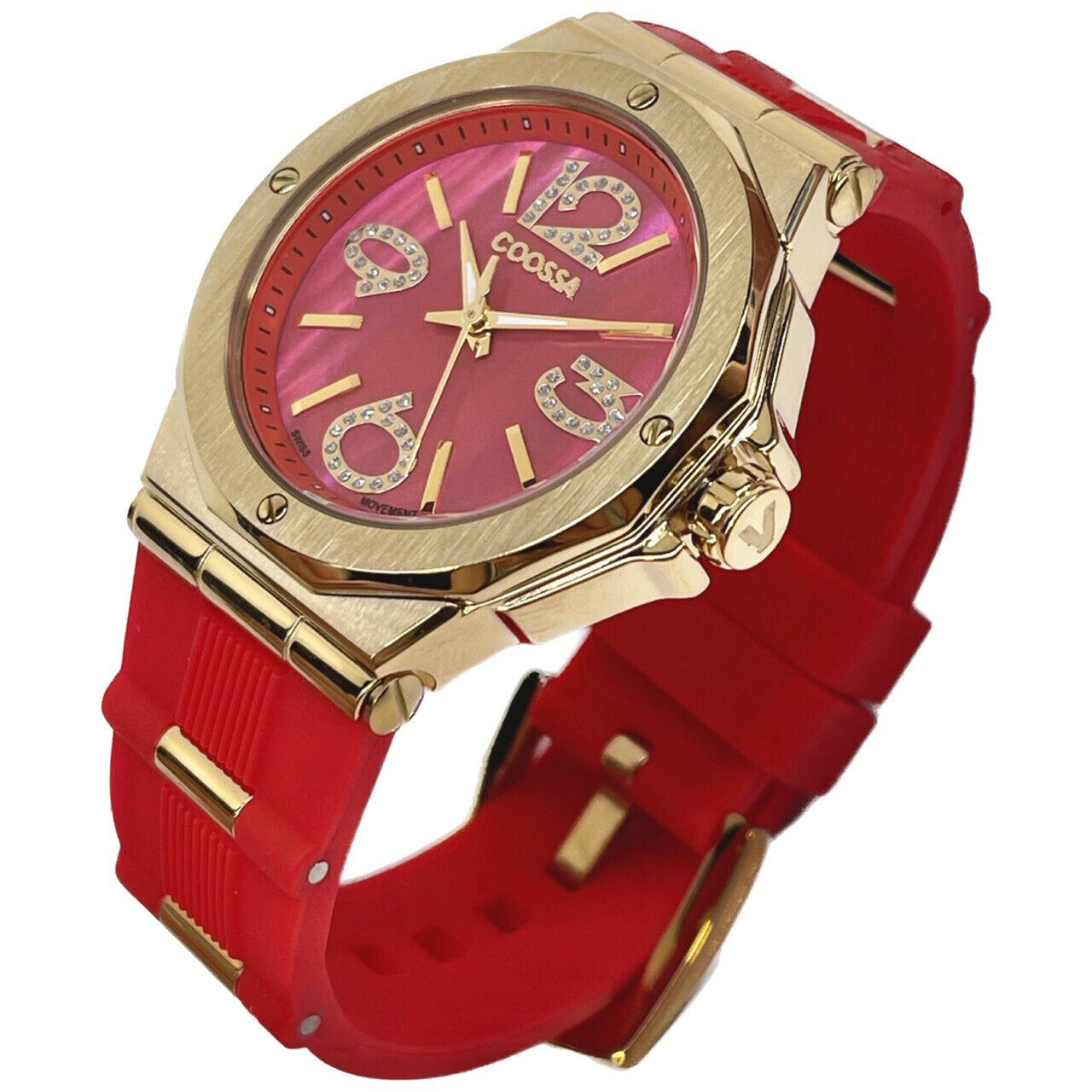 COOSSA ORIGINAL First Edition 20252 Women's Watch Swiss Ronda Movement Mother of Pearl Dial 36.5MM Stainless Steel Case 100M Water Resistant Red/Gold Tone