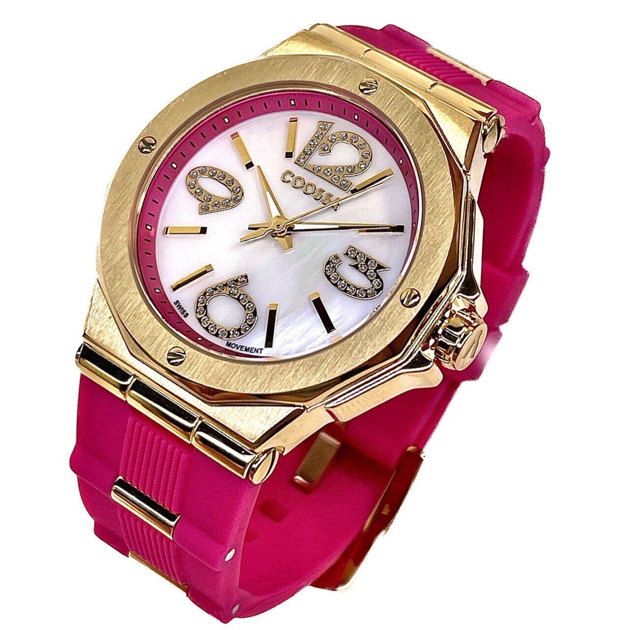 COOSSA ORIGINAL First Edition 20251 Women's Watch Swiss Ronda Movement Mother of Pearl Dial 36.5MM Stainless Steel Case 100M Water Resistant Magenta/Gold Tone