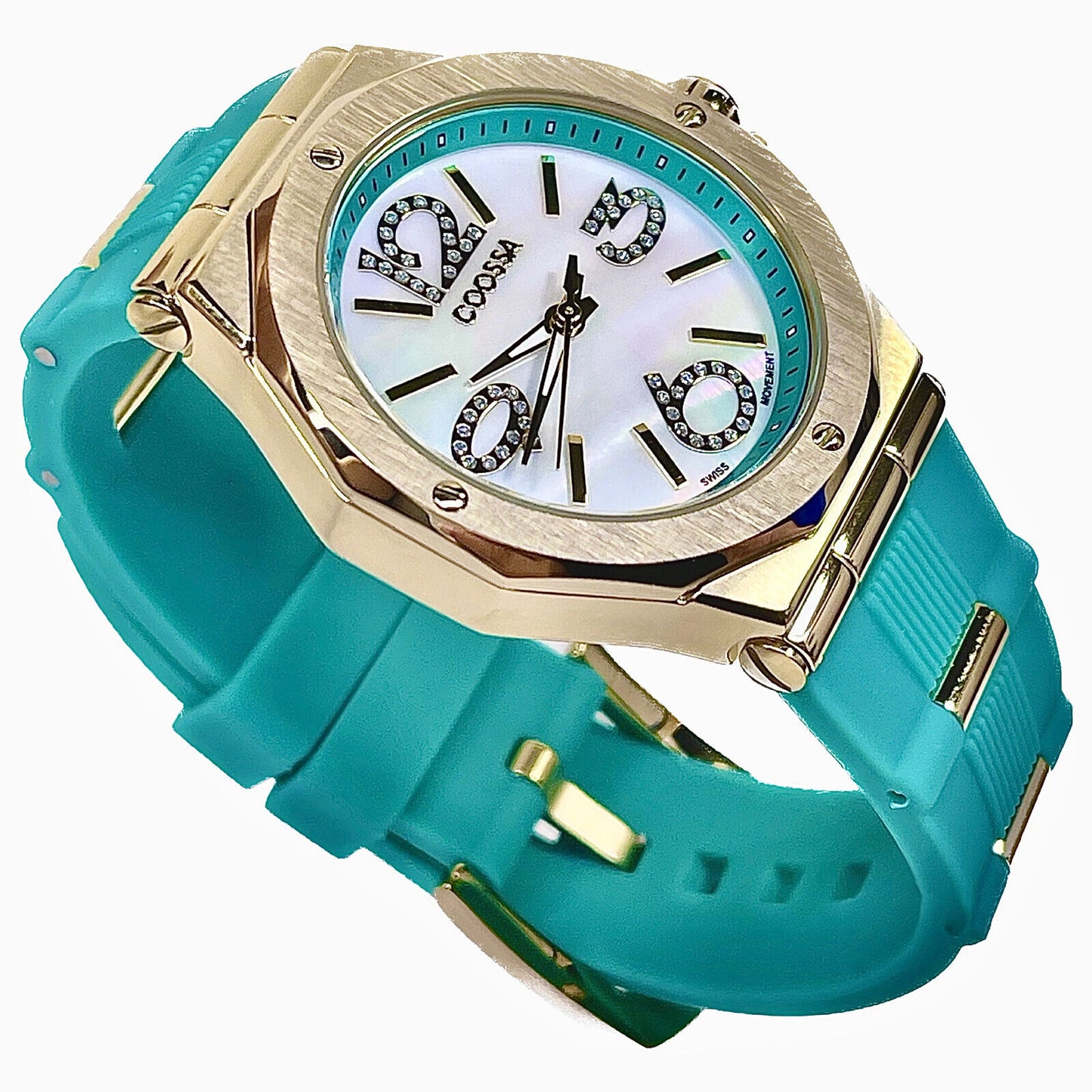 COOSSA ORIGINAL First Edition 20249 Women's Watch Swiss Ronda Movement Mother of Pearl Dial 36.5MM Stainless Steel Case 100M Water Resistant Green/Gold Tone