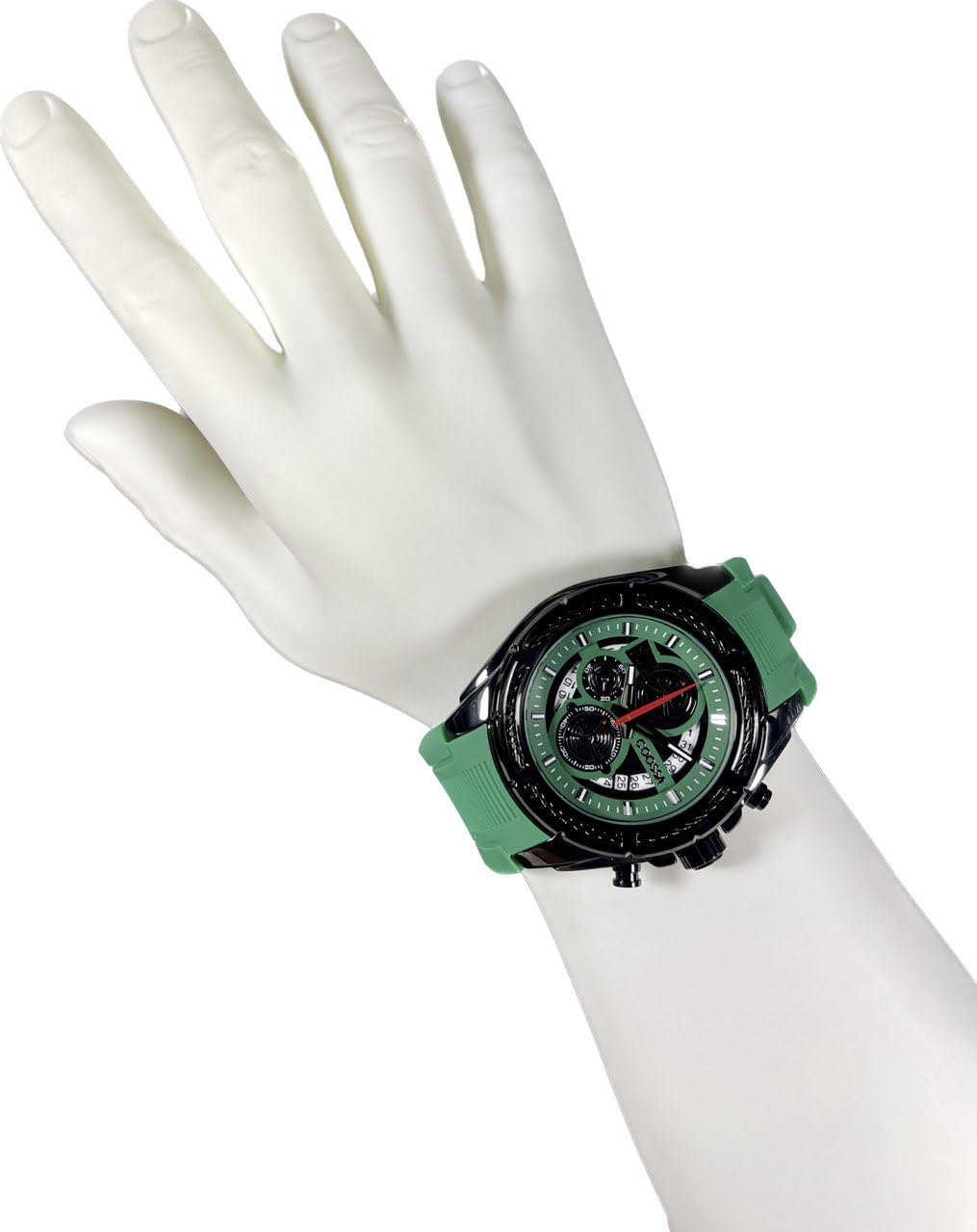 COOSSA ORIGINAL Men's Watch Chronograph 20235 48MM Black Tone Case Green Silicone Band 30M Water Resistant Cable Bezel