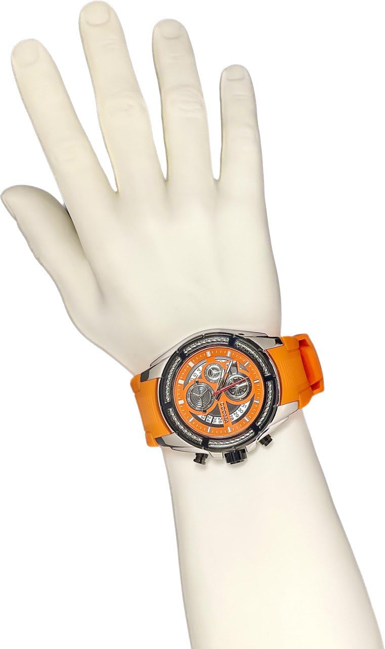 COOSSA ORIGINAL Men's Watch Chronograph 20238 48MM Silver Tone Case Orange Silicone Band 30M Water Resistant Cable Bezel