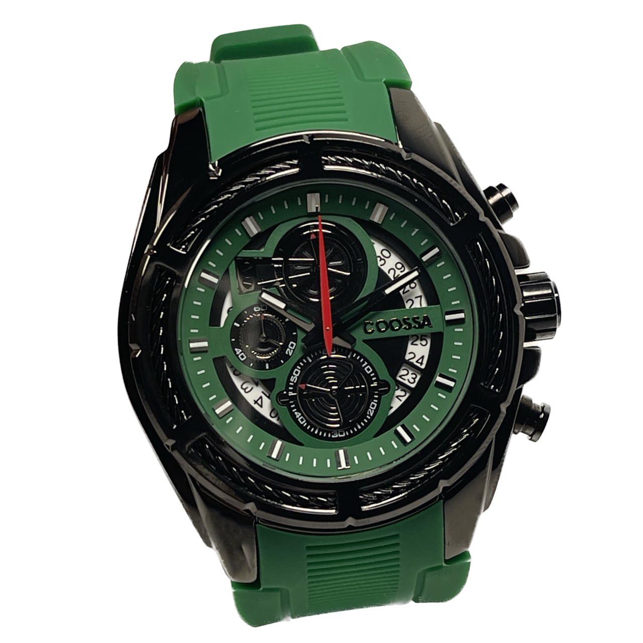 COOSSA ORIGINAL Men's Watch Chronograph 20235 48MM Black Tone Case Green Silicone Band 30M Water Resistant Cable Bezel