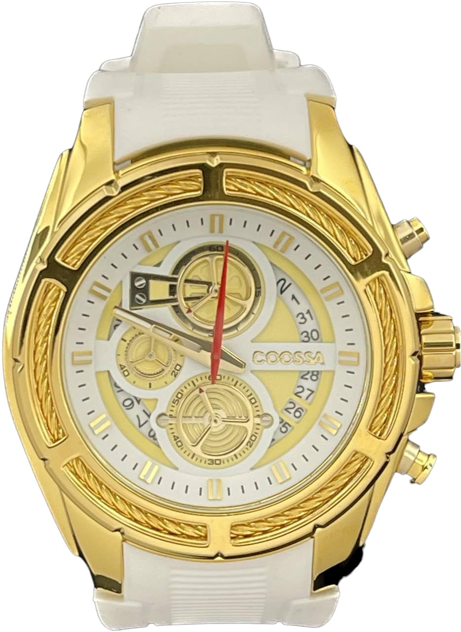 COOSSA ORIGINAL Men's Watch Chronograph 20245 48MM Gold Tone Case White Silicone Band 30M Water Resistant Cable Bezel