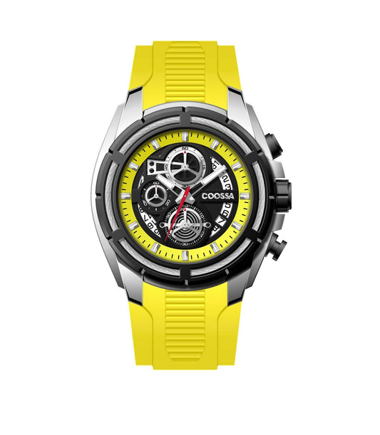 COOSSA ORIGINAL Men's Watch Chronograph 20246 48MM Silver Tone Case Black Bezel Yellow Silicone Band 30M Water Resistant Cable Bezel