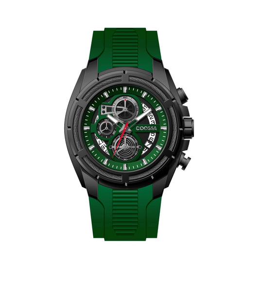 COOSSA ORIGINAL Men's Watch Chronograph 20235 48MM Black Tone Case Green Silicone Band 30M Water Resistant Cable Bezel