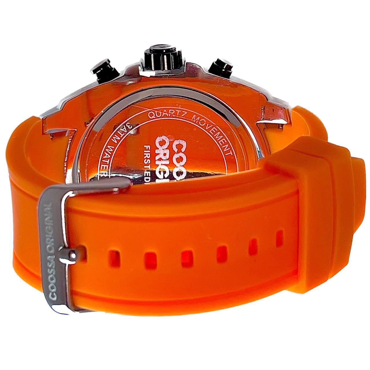 COOSSA ORIGINAL Men's Watch Chronograph 20238 48MM Silver Tone Case Orange Silicone Band 30M Water Resistant Cable Bezel