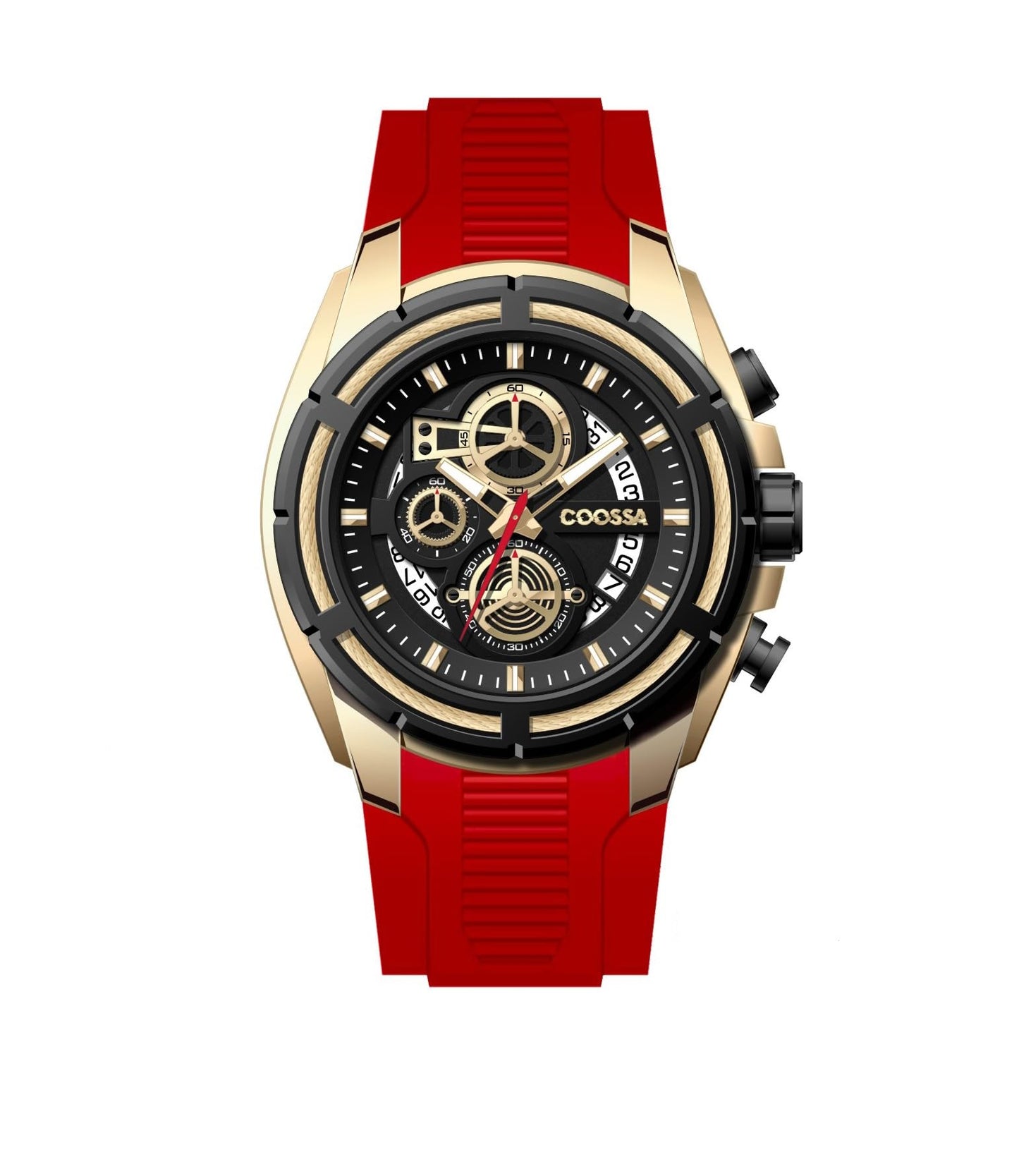 COOSSA ORIGINAL Men's Watch Chronograph 20240 48MM Gold Tone Case Red Silicone Band 30M Water Resistant Cable Bezel