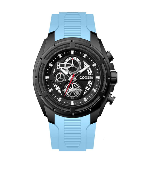 COOSSA ORIGINAL Men's Watch Chronograph 20237 48MM Black Tone Case Baby Blue Silicone Band 30M Water Resistant Cable Bezel