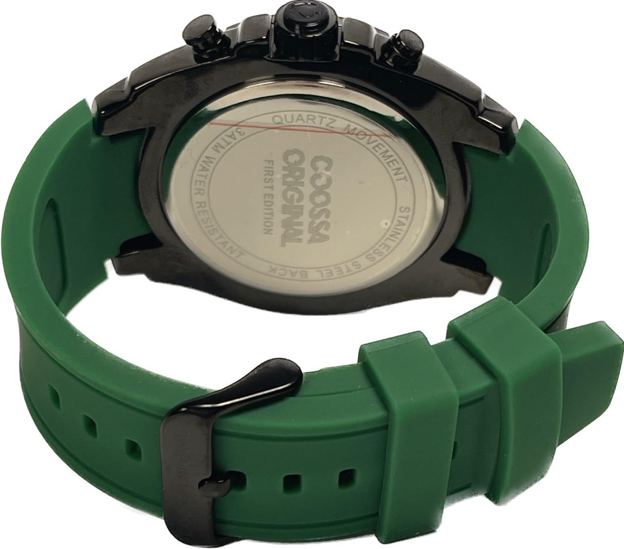 COOSSA ORIGINAL Men's Watch Chronograph 20235 48MM Black Tone Case Green Silicone Band 30M Water Resistant Cable Bezel