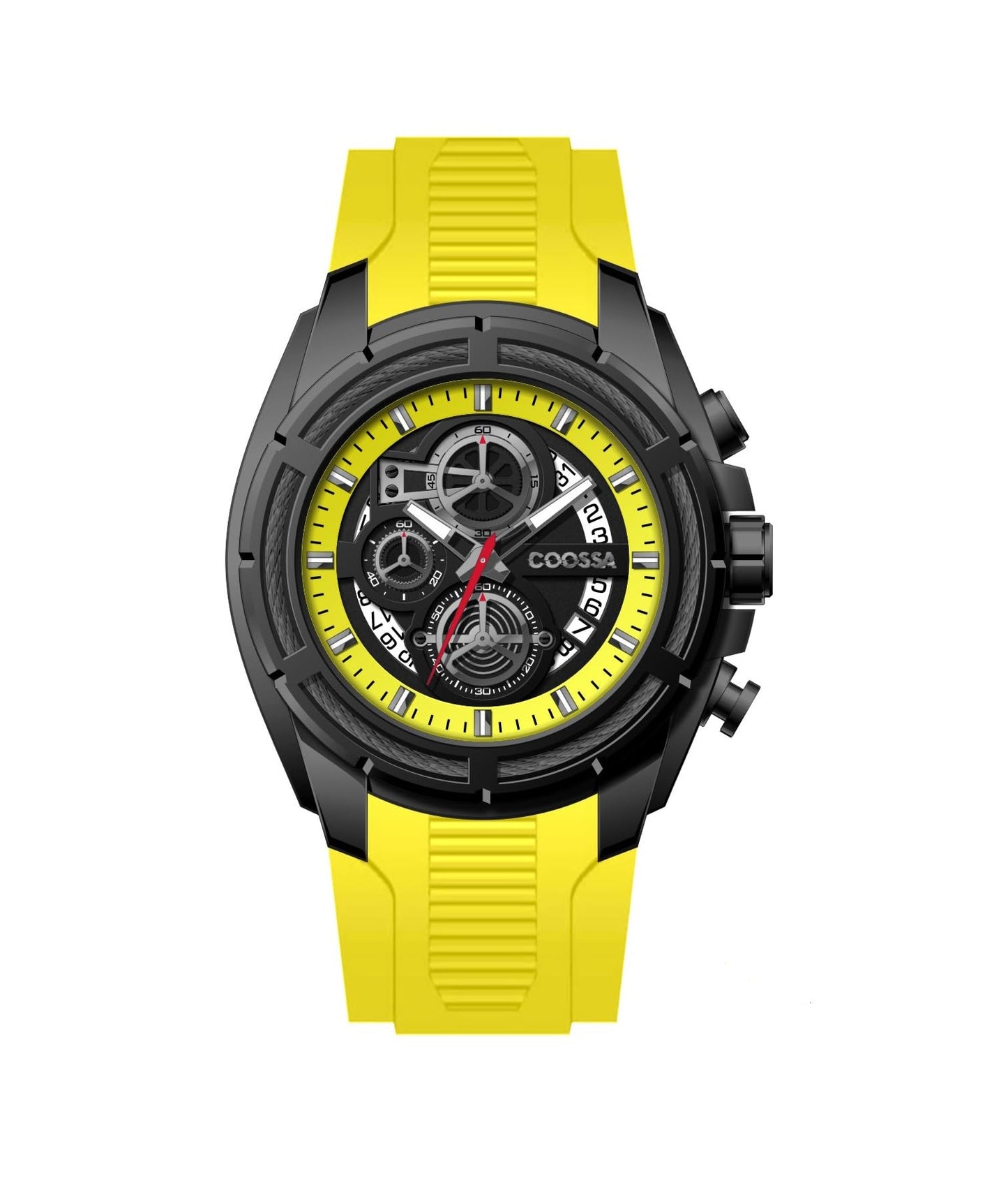 COOSSA ORIGINAL Men's Watch Chronograph 20247 48MM Black Tone Case Yellow Silicone Band 30M Water Resistant Cable Bezel