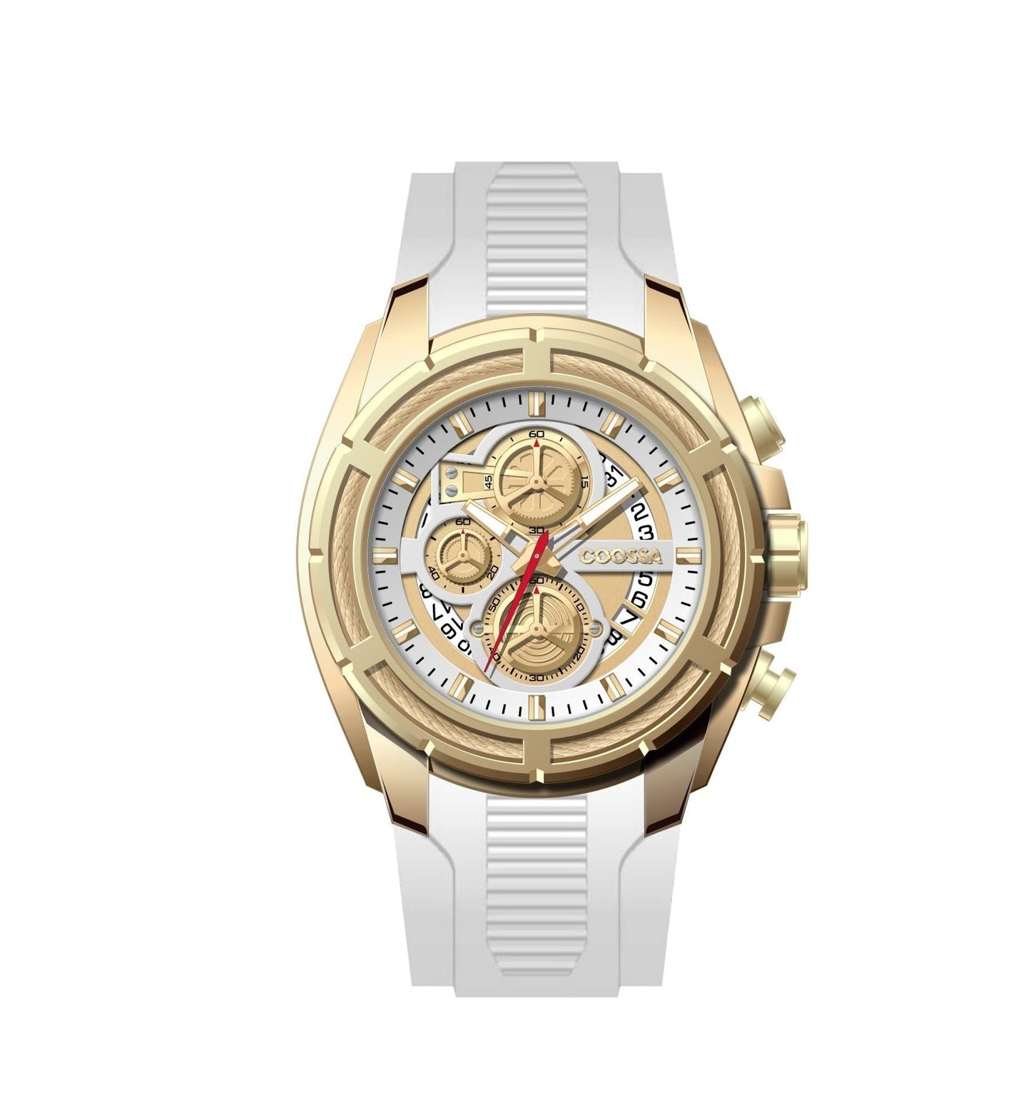 COOSSA ORIGINAL Men's Watch Chronograph 20245 48MM Gold Tone Case White Silicone Band 30M Water Resistant Cable Bezel