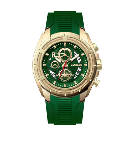 COOSSA ORIGINAL Men's Watch Chronograph 20236 48MM Gold Tone Case Green Silicone Band 30M Water Resistant Cable Bezel