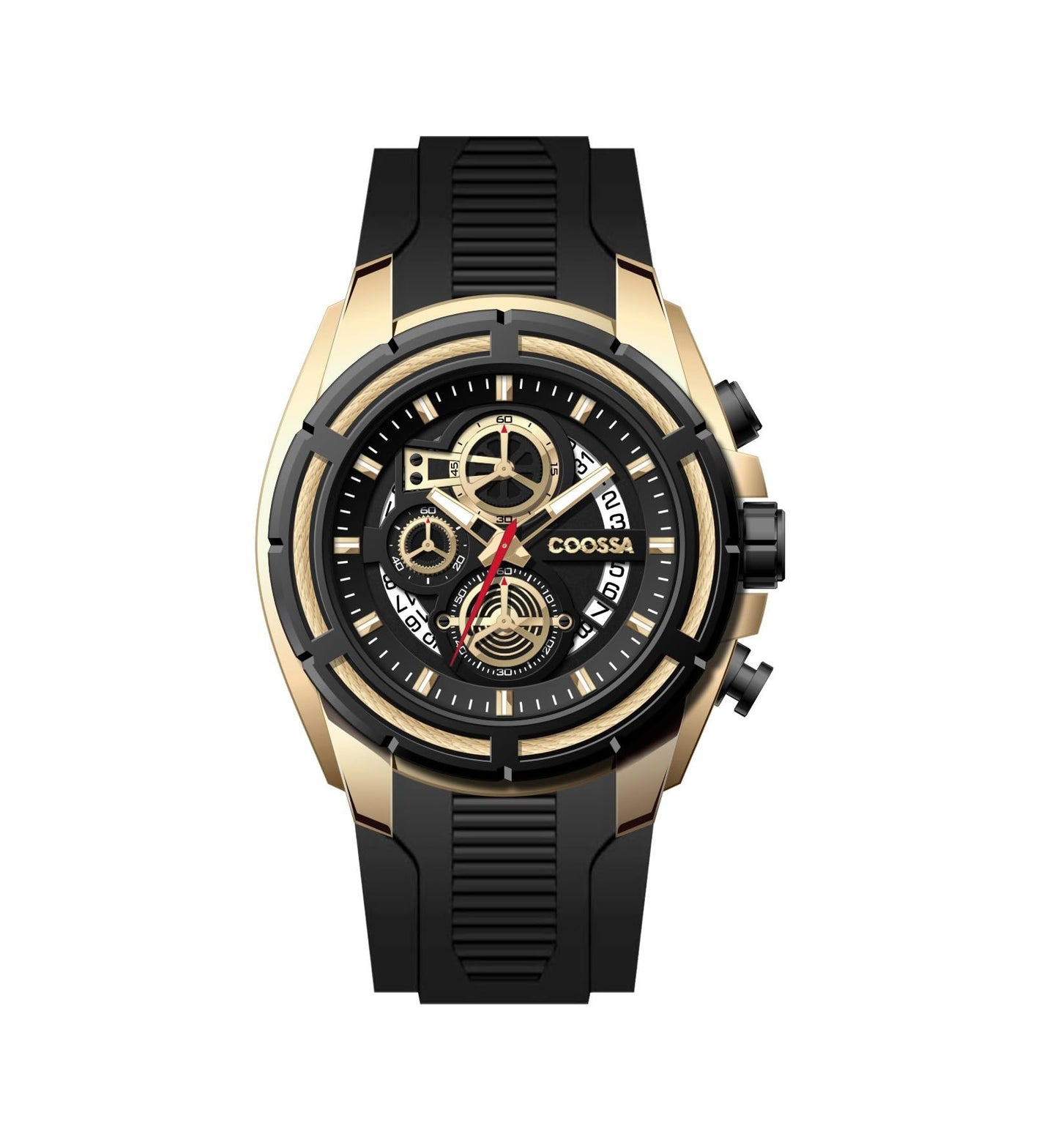 COOSSA ORIGINAL Men's Watch Chronograph 20233 48MM Gold Tone Case Black Silicone Band 30M Water Resistant Cable Bezel