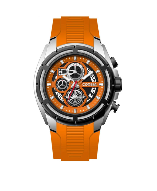 COOSSA ORIGINAL Men's Watch Chronograph 20238 48MM Silver Tone Case Orange Silicone Band 30M Water Resistant Cable Bezel