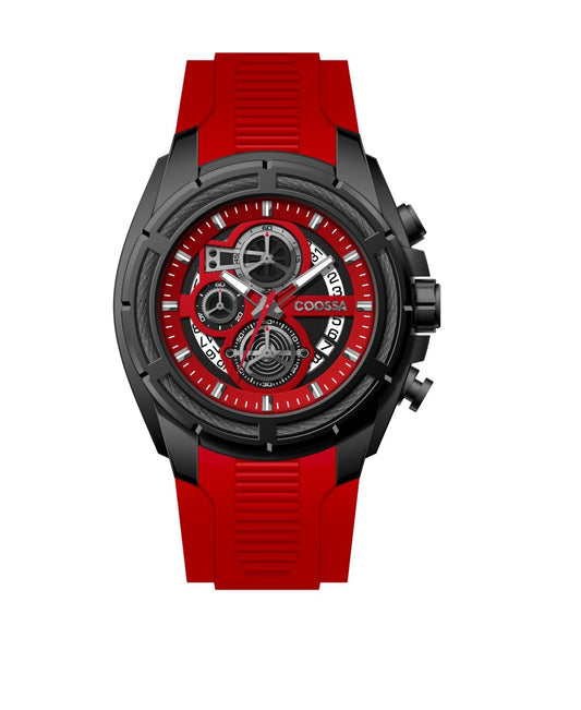 COOSSA ORIGINAL Men's Watch Chronograph 20241 48MM Black Tone Case Red Silicone Band 30M Water Resistant Cable Bezel