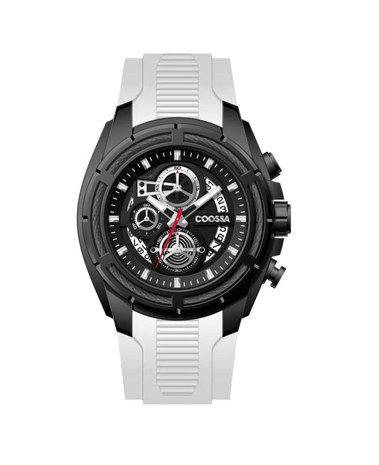 COOSSA ORIGINAL Men's Watch Chronograph 20242 48MM Black Tone Case White Silicone Band 30M Water Resistant Cable Bezel