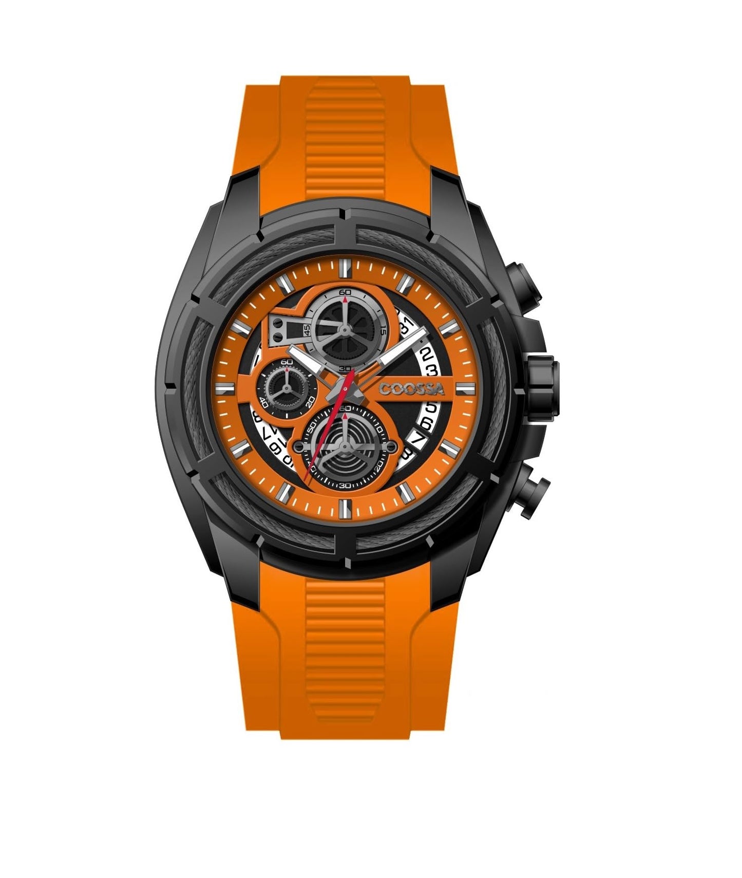 COOSSA ORIGINAL Men's Watch Chronograph 20239 48MM Black Tone Case Orange Silicone Band 30M Water Resistant Cable Bezel