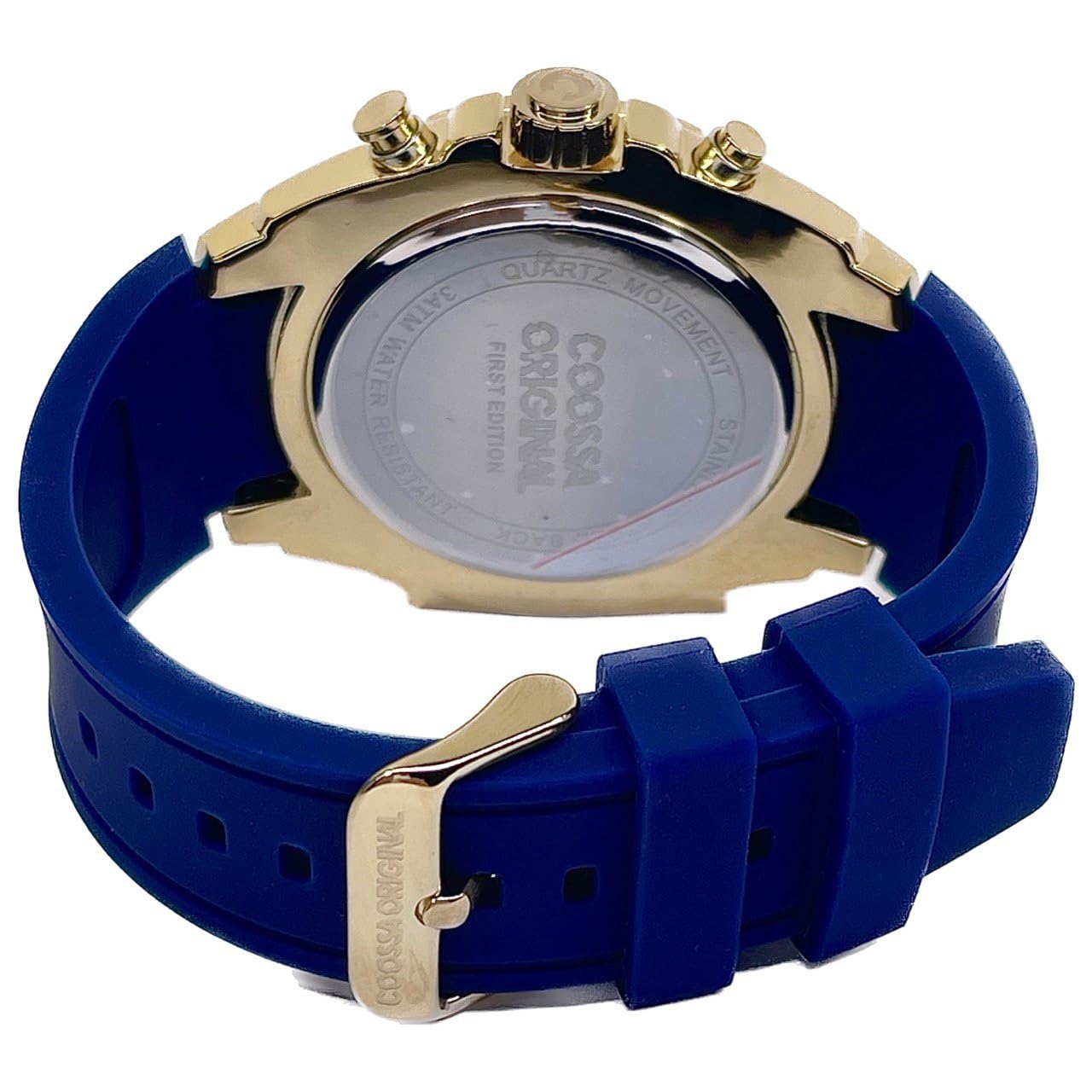 COOSSA ORIGINAL Men's Watch Chronograph 20234 48MM Gold Tone Case Blue Silicone Band 30M Water Resistant Cable Bezel