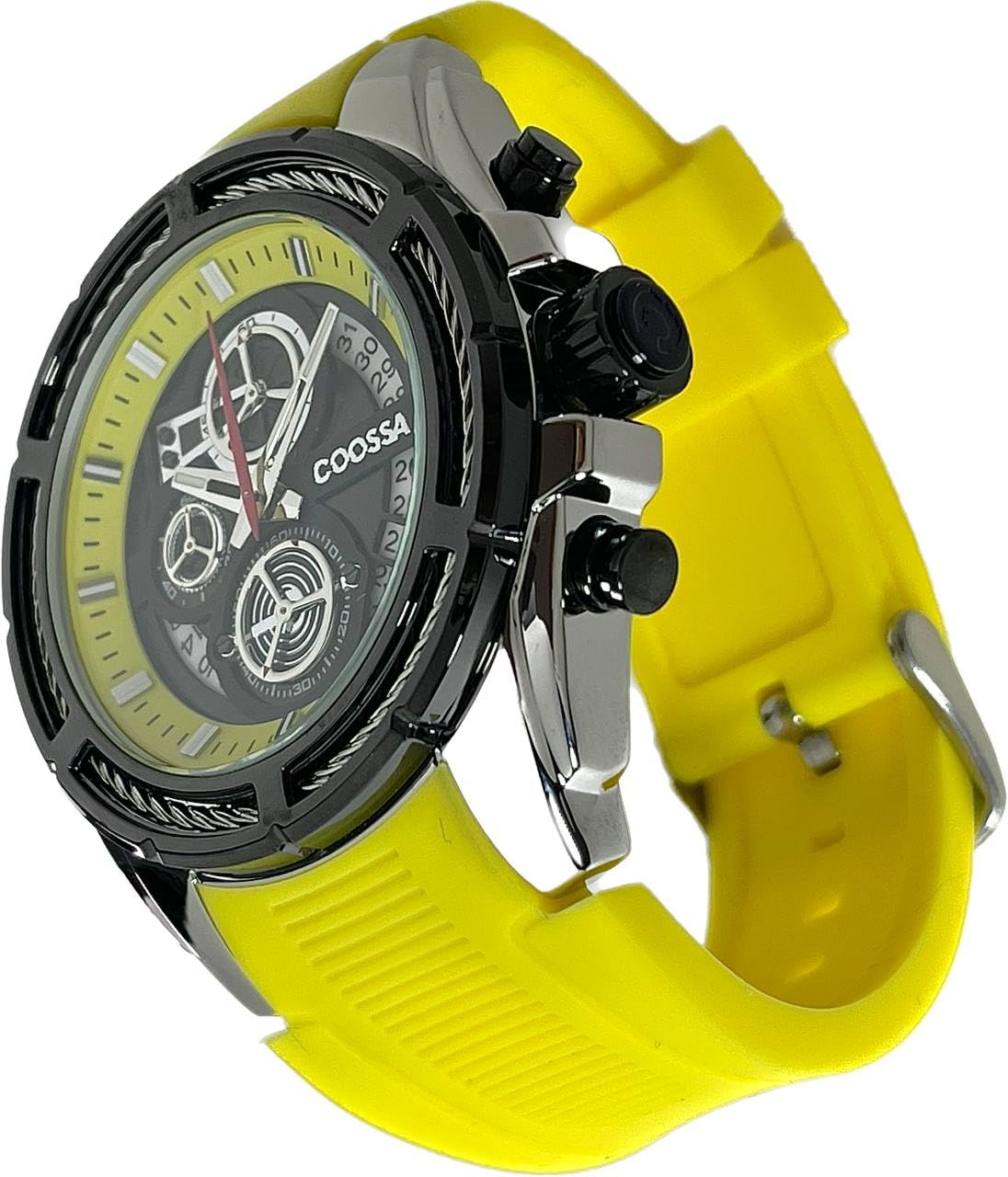 COOSSA ORIGINAL Men's Watch Chronograph 20246 48MM Silver Tone Case Black Bezel Yellow Silicone Band 30M Water Resistant Cable Bezel