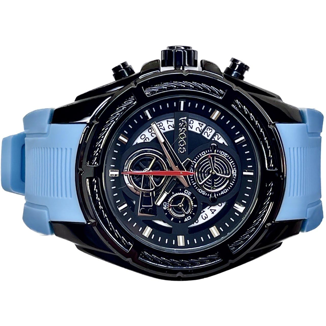 COOSSA ORIGINAL Men's Watch Chronograph 20237 48MM Black Tone Case Baby Blue Silicone Band 30M Water Resistant Cable Bezel