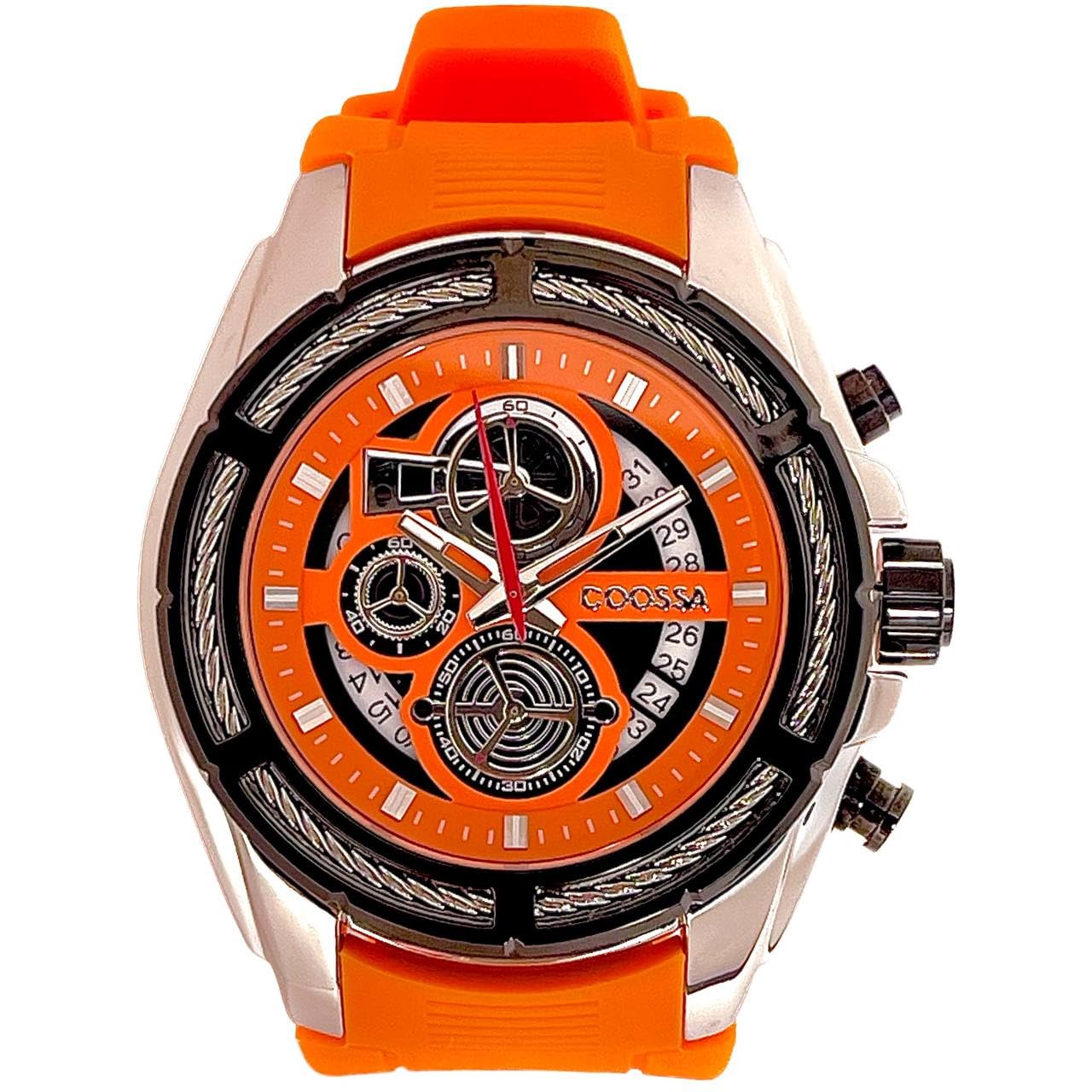 COOSSA ORIGINAL Men's Watch Chronograph 20238 48MM Silver Tone Case Orange Silicone Band 30M Water Resistant Cable Bezel