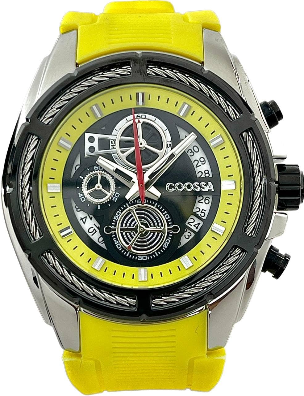 COOSSA ORIGINAL Men's Watch Chronograph 20246 48MM Silver Tone Case Black Bezel Yellow Silicone Band 30M Water Resistant Cable Bezel