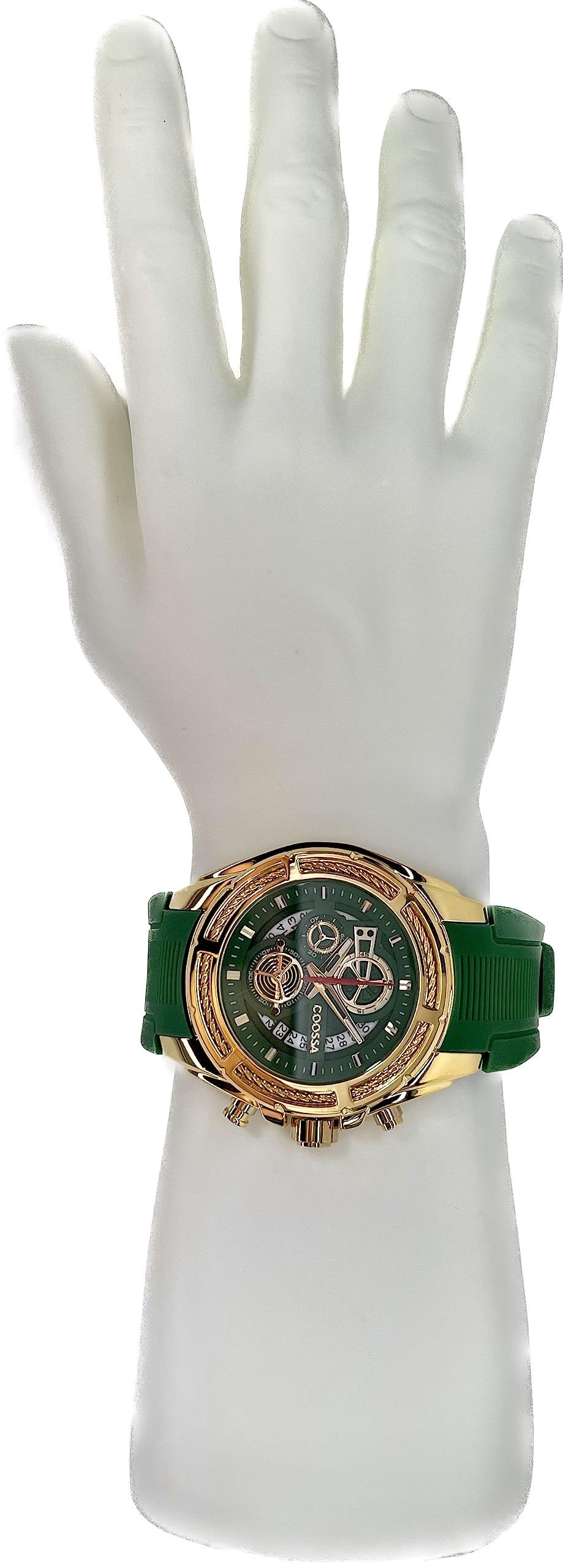 COOSSA ORIGINAL Men's Watch Chronograph 20236 48MM Gold Tone Case Green Silicone Band 30M Water Resistant Cable Bezel