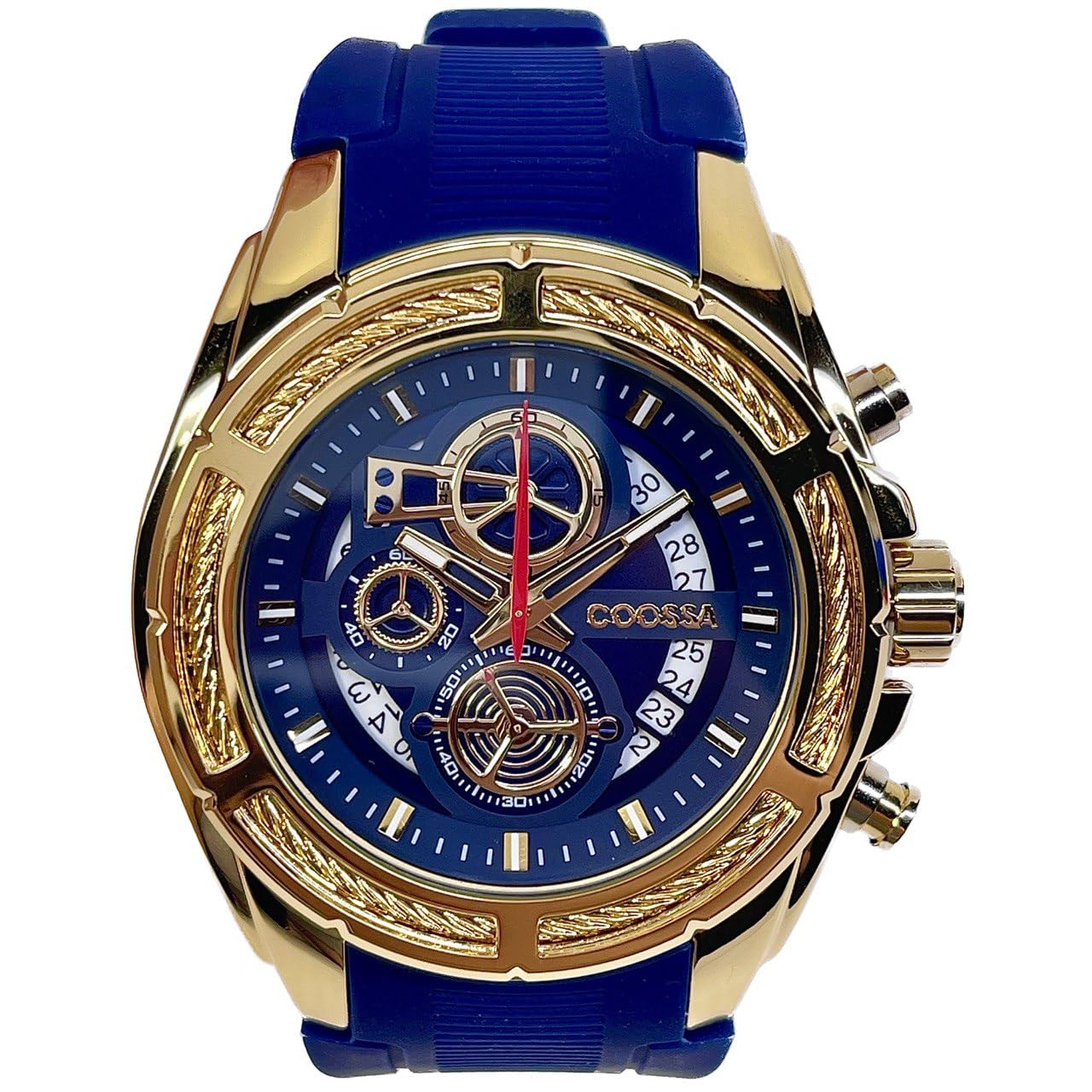 COOSSA ORIGINAL Men's Watch Chronograph 20234 48MM Gold Tone Case Blue Silicone Band 30M Water Resistant Cable Bezel