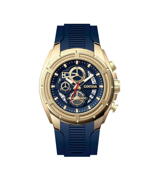 COOSSA ORIGINAL Men's Watch Chronograph 20234 48MM Gold Tone Case Blue Silicone Band 30M Water Resistant Cable Bezel