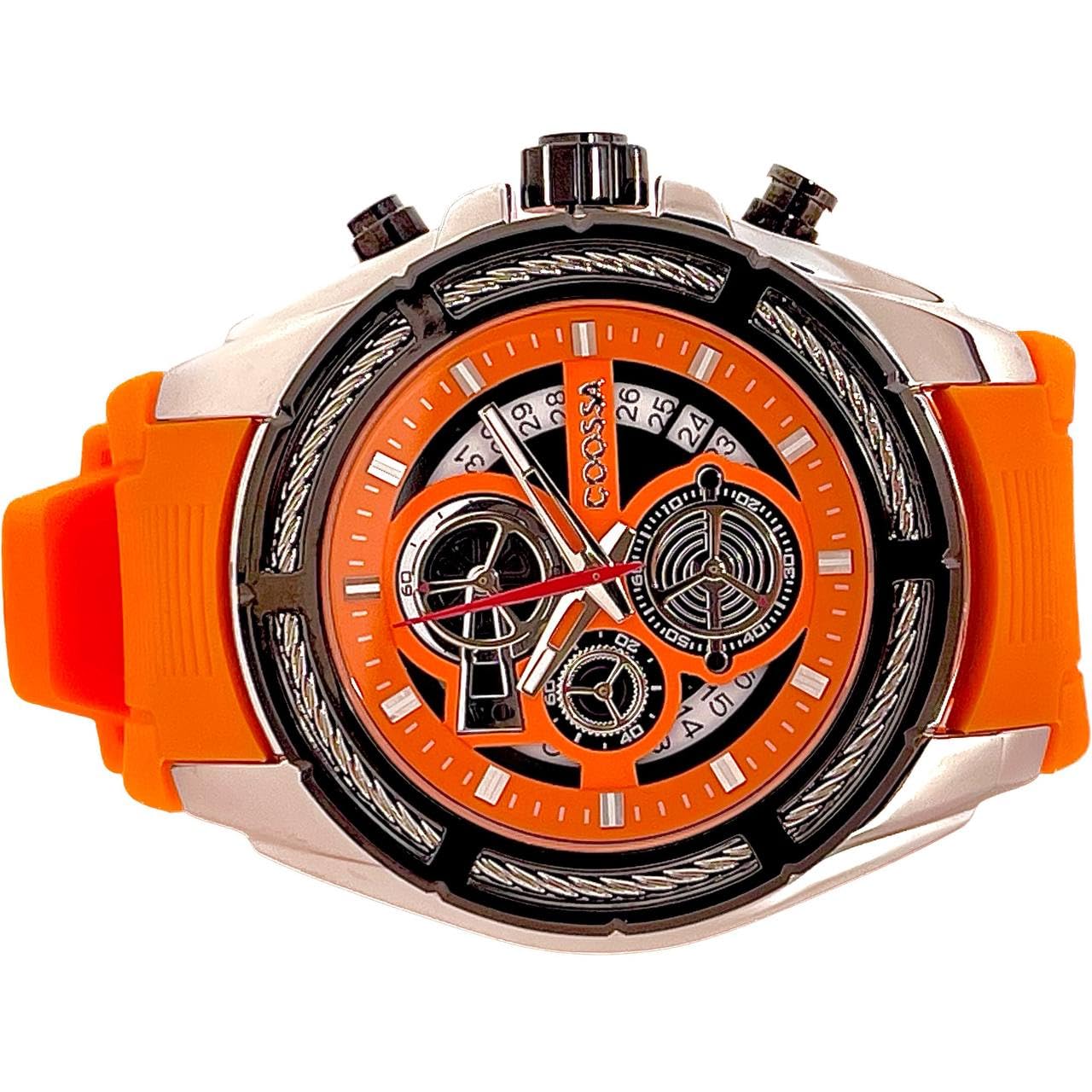 COOSSA ORIGINAL Men's Watch Chronograph 20238 48MM Silver Tone Case Orange Silicone Band 30M Water Resistant Cable Bezel