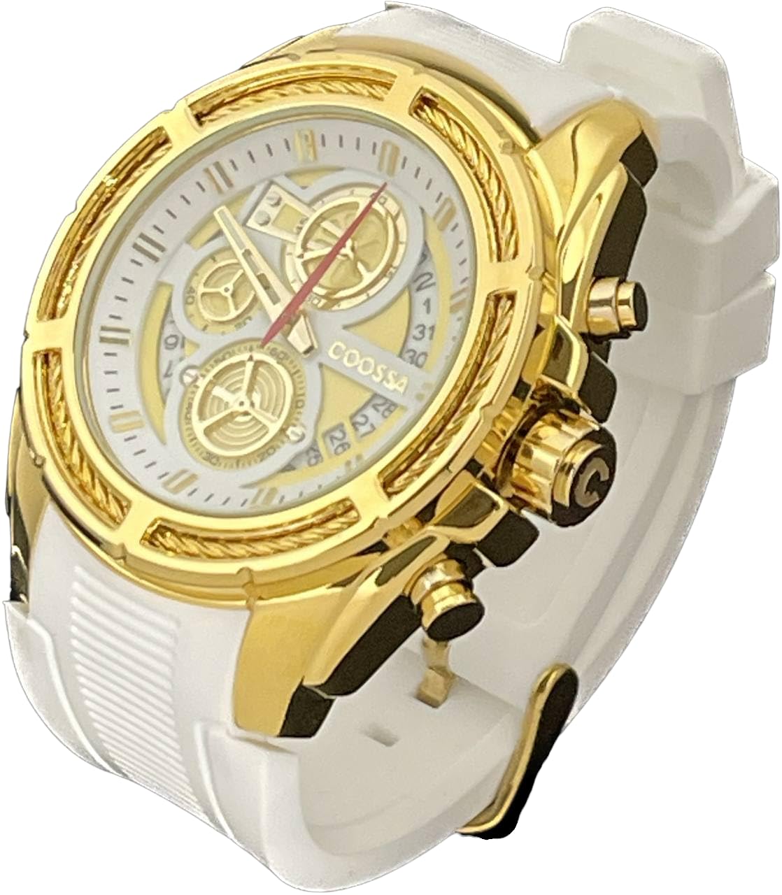 COOSSA ORIGINAL Men's Watch Chronograph 20245 48MM Gold Tone Case White Silicone Band 30M Water Resistant Cable Bezel