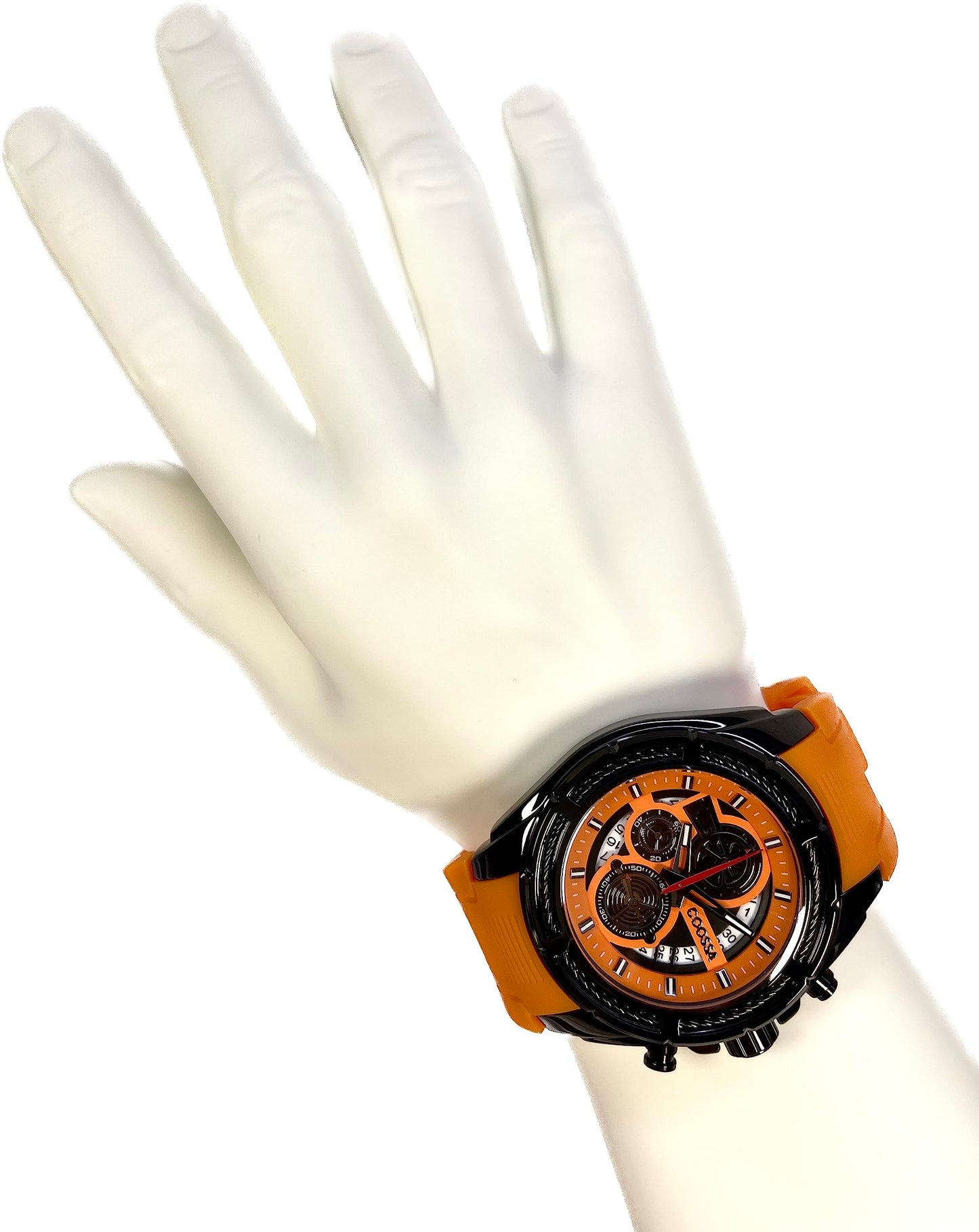 COOSSA ORIGINAL Men's Watch Chronograph 20239 48MM Black Tone Case Orange Silicone Band 30M Water Resistant Cable Bezel