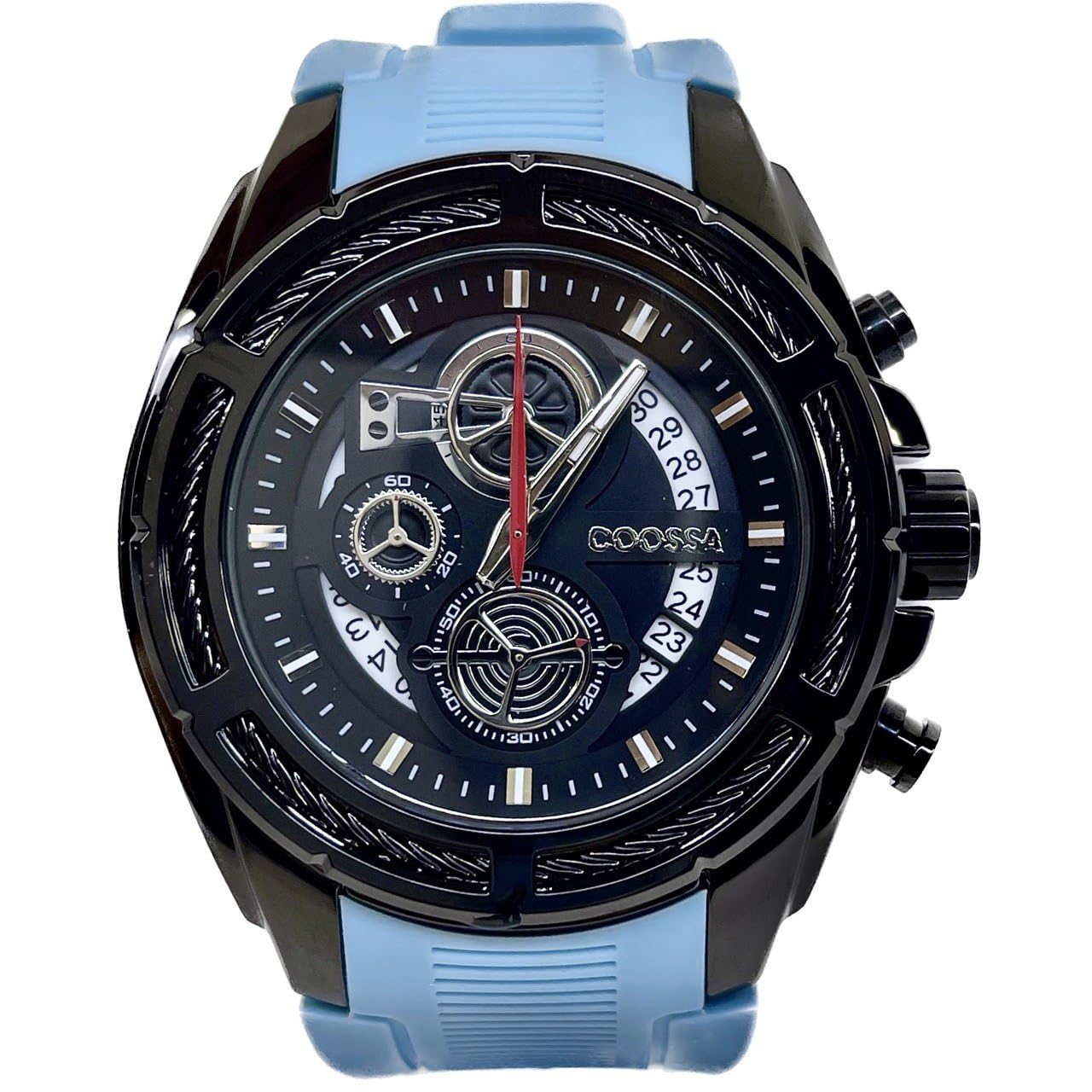 COOSSA ORIGINAL Men's Watch Chronograph 20237 48MM Black Tone Case Baby Blue Silicone Band 30M Water Resistant Cable Bezel