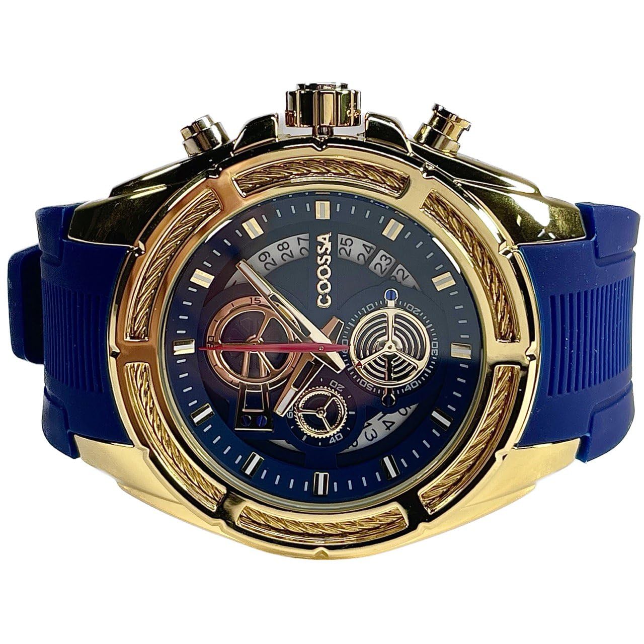 COOSSA ORIGINAL Men's Watch Chronograph 20234 48MM Gold Tone Case Blue Silicone Band 30M Water Resistant Cable Bezel