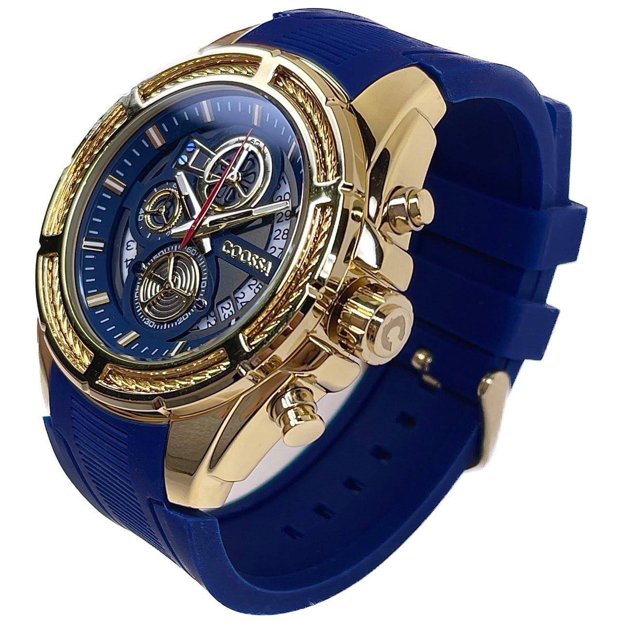 COOSSA ORIGINAL Men's Watch Chronograph 20234 48MM Gold Tone Case Blue Silicone Band 30M Water Resistant Cable Bezel