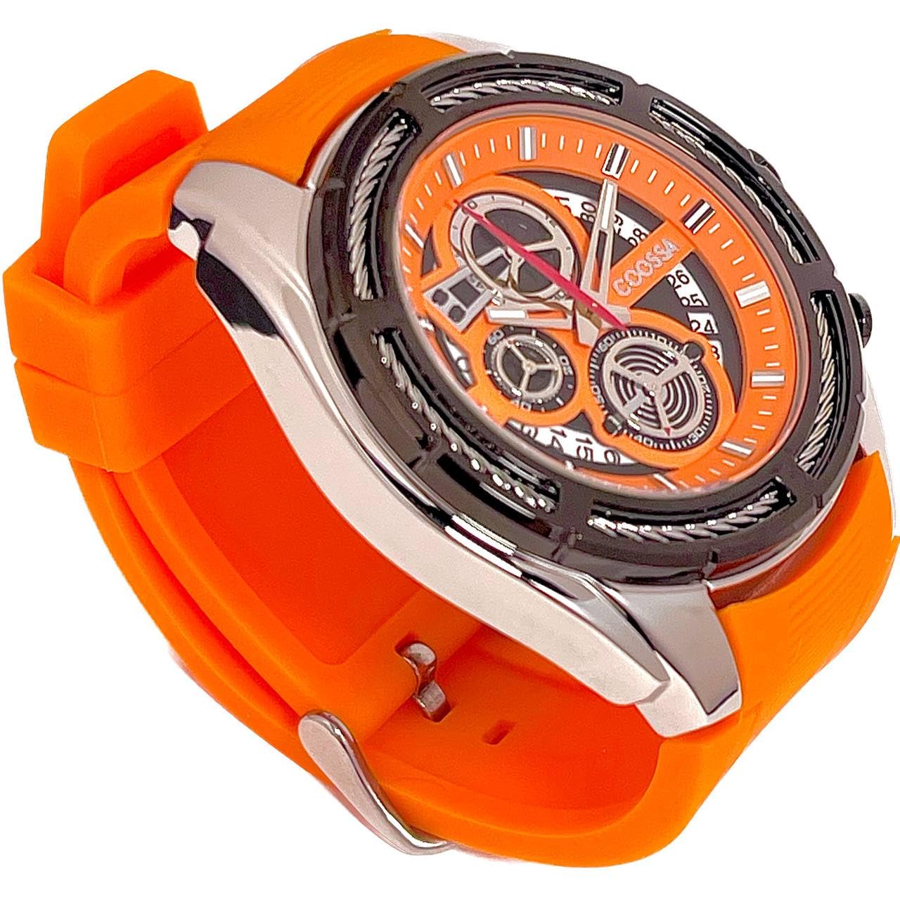 COOSSA ORIGINAL Men's Watch Chronograph 20238 48MM Silver Tone Case Orange Silicone Band 30M Water Resistant Cable Bezel