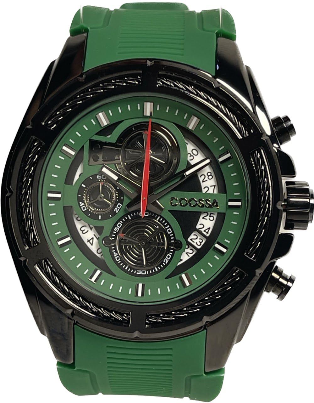 COOSSA ORIGINAL Men's Watch Chronograph 20235 48MM Black Tone Case Green Silicone Band 30M Water Resistant Cable Bezel