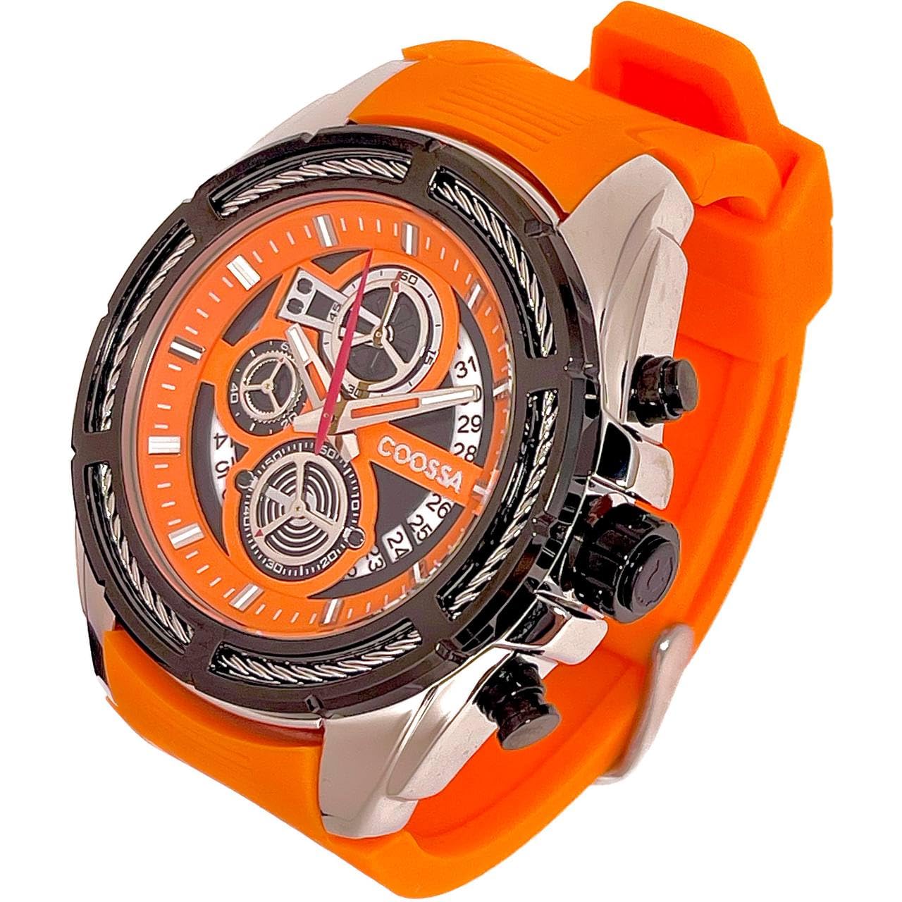 COOSSA ORIGINAL Men's Watch Chronograph 20238 48MM Silver Tone Case Orange Silicone Band 30M Water Resistant Cable Bezel