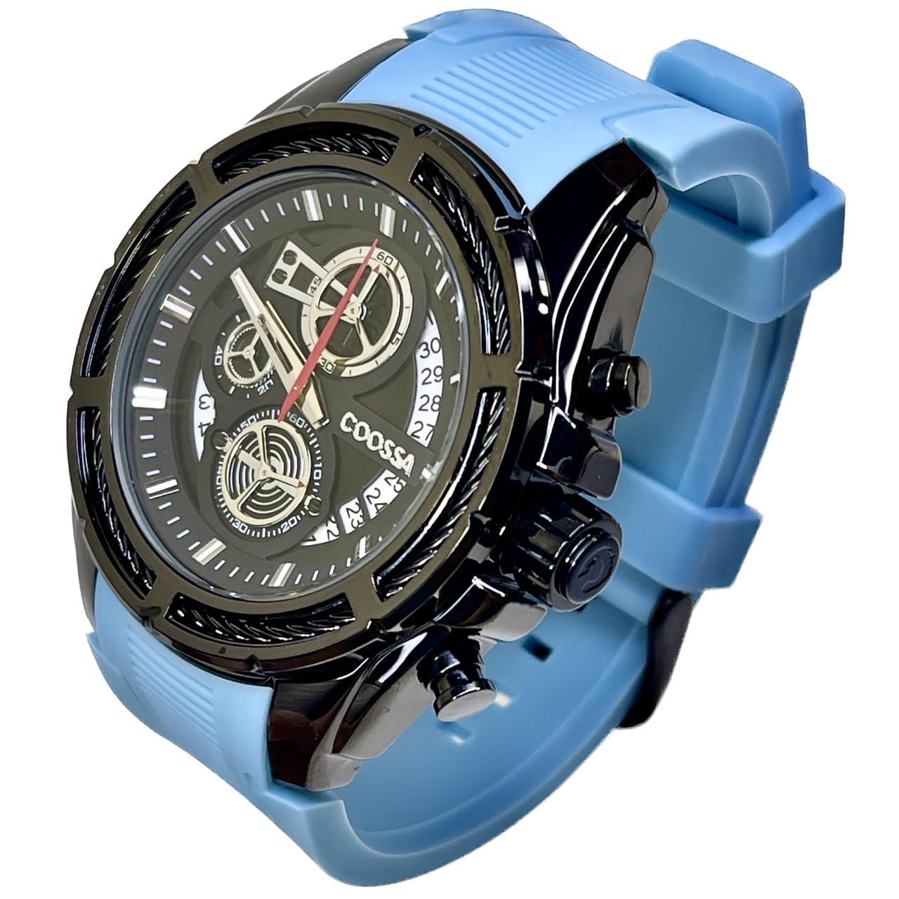 COOSSA ORIGINAL Men's Watch Chronograph 20237 48MM Black Tone Case Baby Blue Silicone Band 30M Water Resistant Cable Bezel